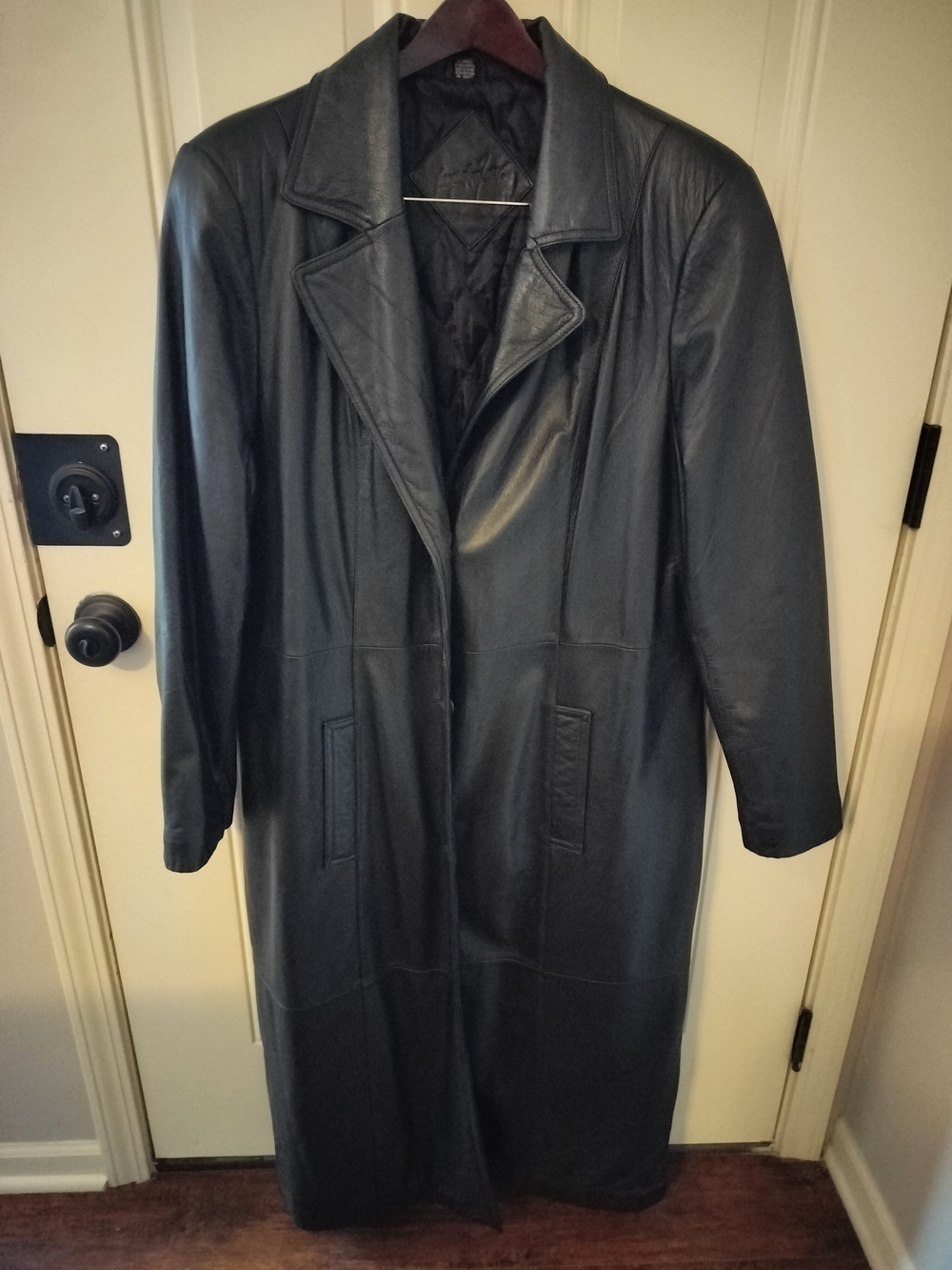 Jacqueline Ferrar Black Leather Long Coat with Notch Collar